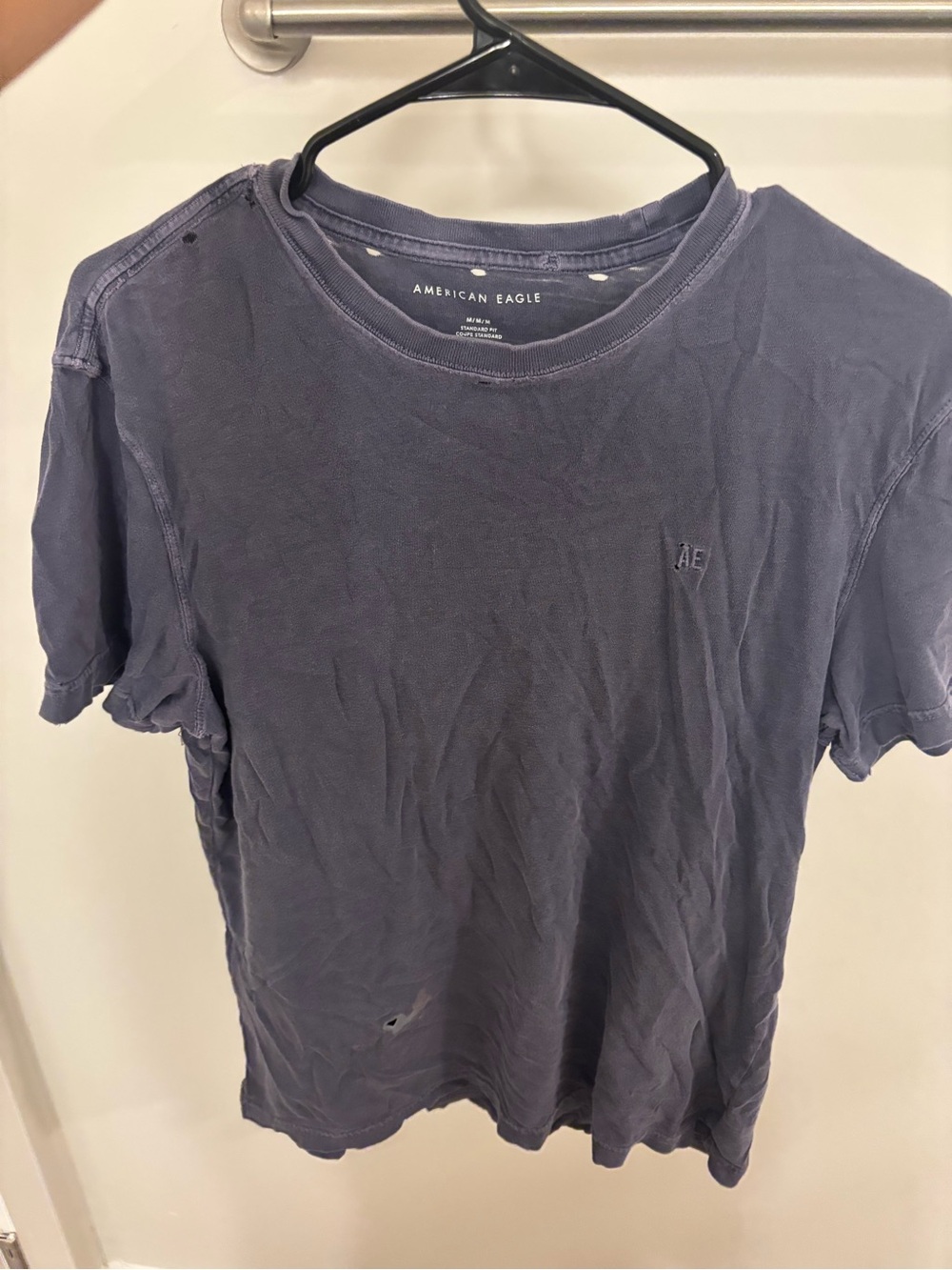 American Eagle Outfitters Men’s Crew Neck T‑Shirt — Faded Blue Distressed
